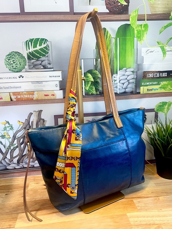 HOBO Handbags - HOBO Cecily Leather Tote Shoulder Bag in Deep Teal Blue with Tan Straps